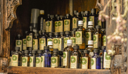 Bottles of the oils we create in-house at the Green Man Store