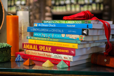 A stack of books with their spines facing the camera
