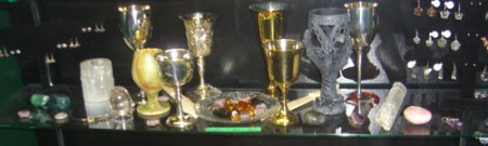 A display shelf of ritual goblets