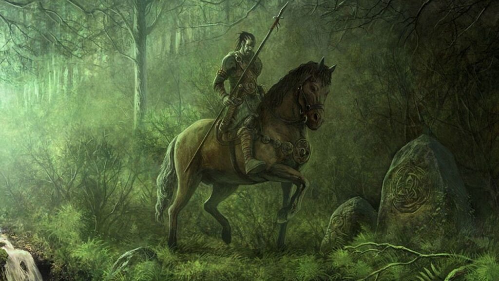 a man riding a horse in the woods