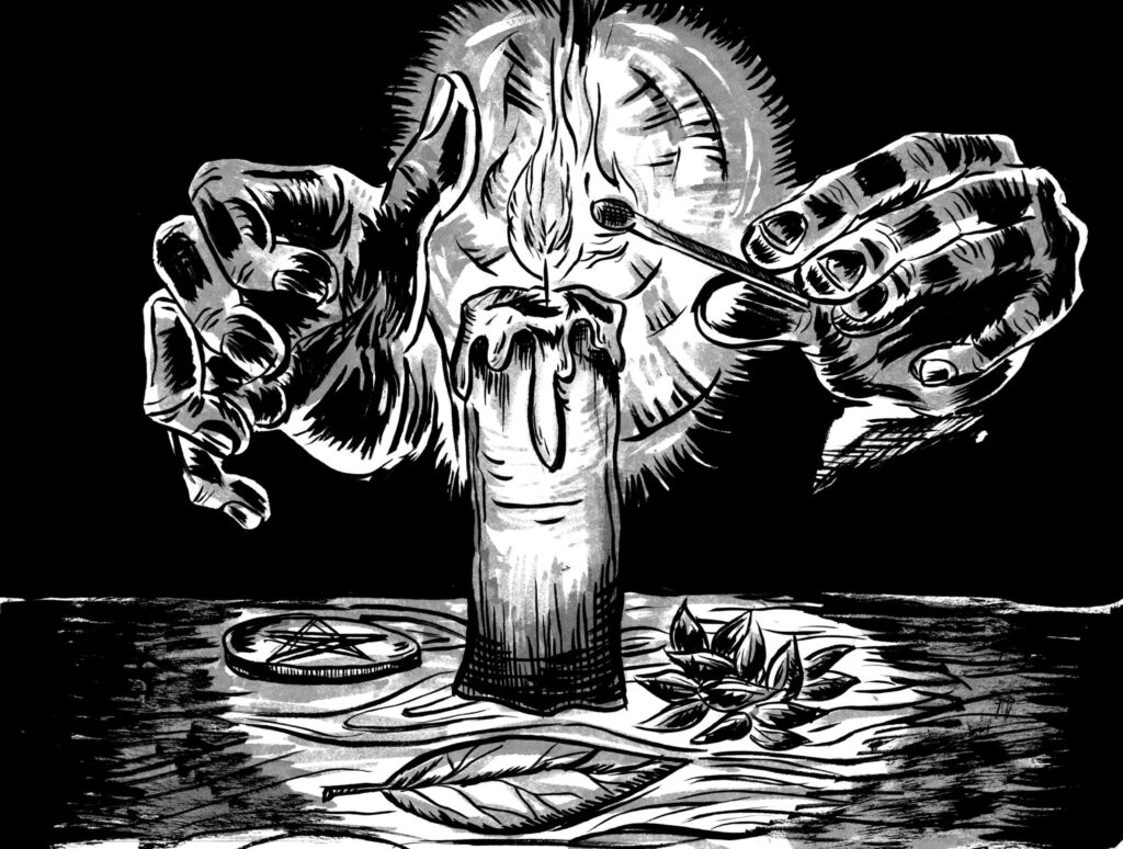 a black and white drawing of hands lighting a candle