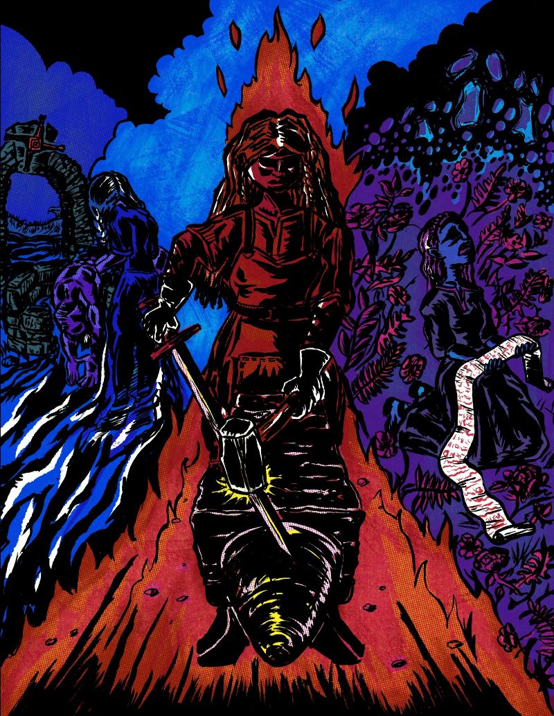 a woman holding a sword