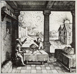 a drawing of a man and a woman sitting at a table