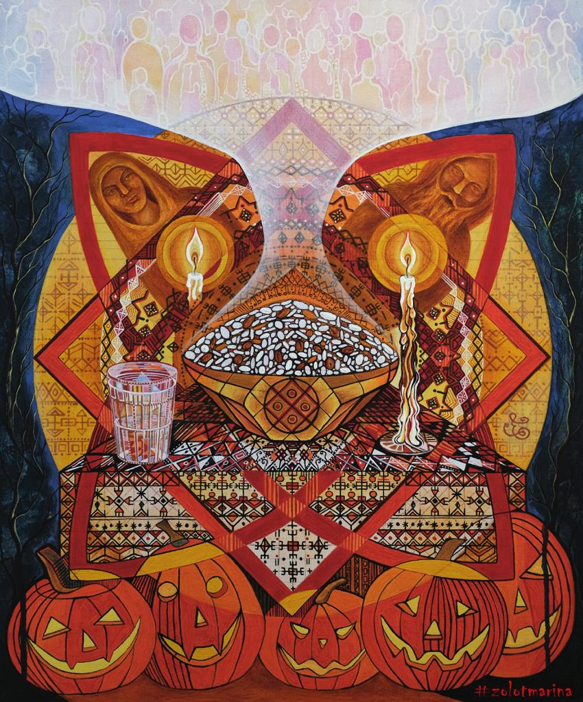 a painting of a bowl of rice and a glass of liquid