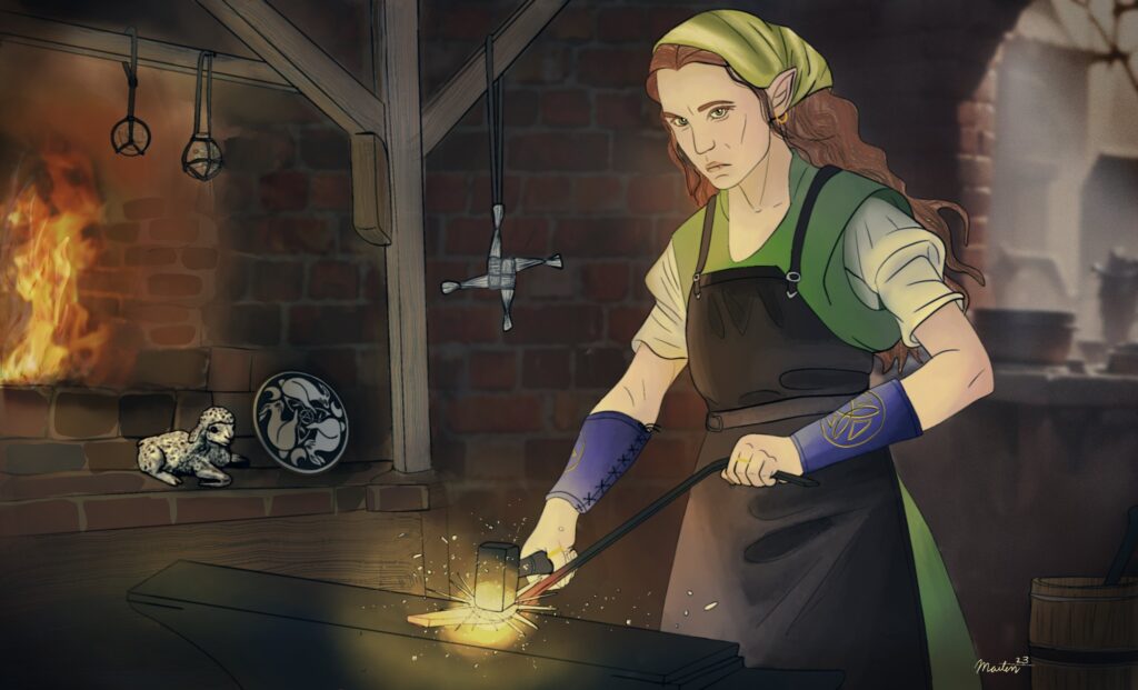 a cartoon of a woman welding a metal rod