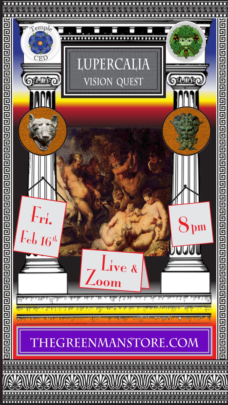 a poster with columns and statues