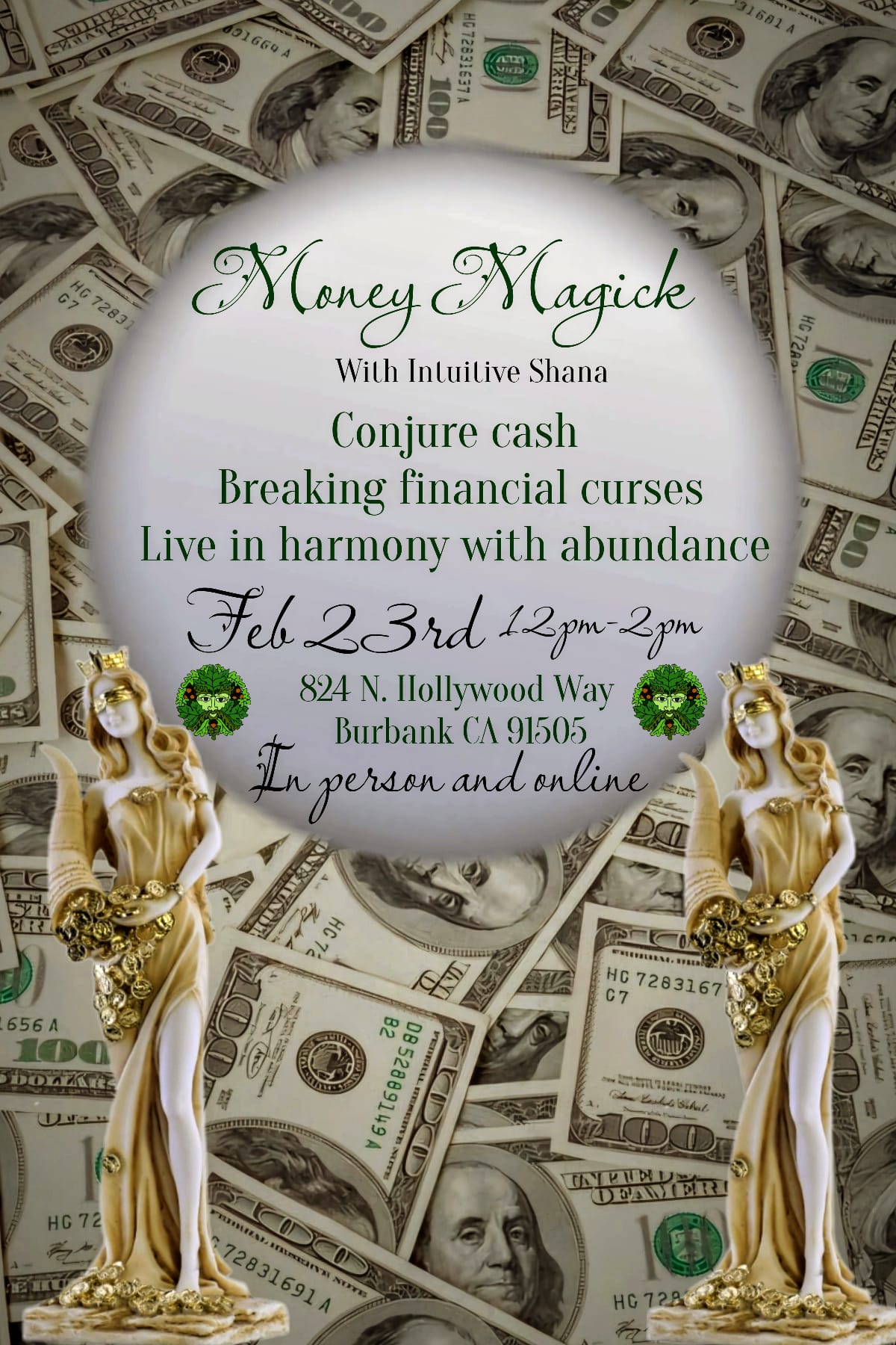 A group of money bills with statues