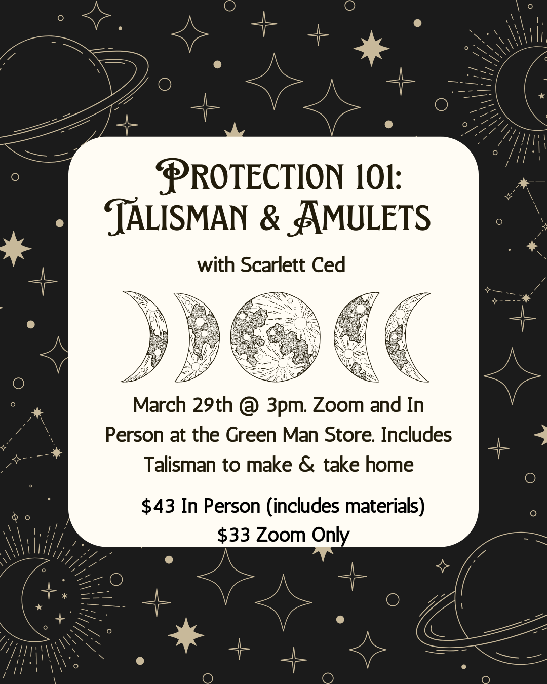 A black and white poster with a white square with a white border with the moon phases and stars on it