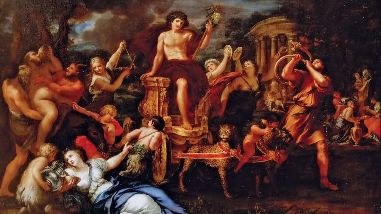 A painting of a man sitting on a chariot