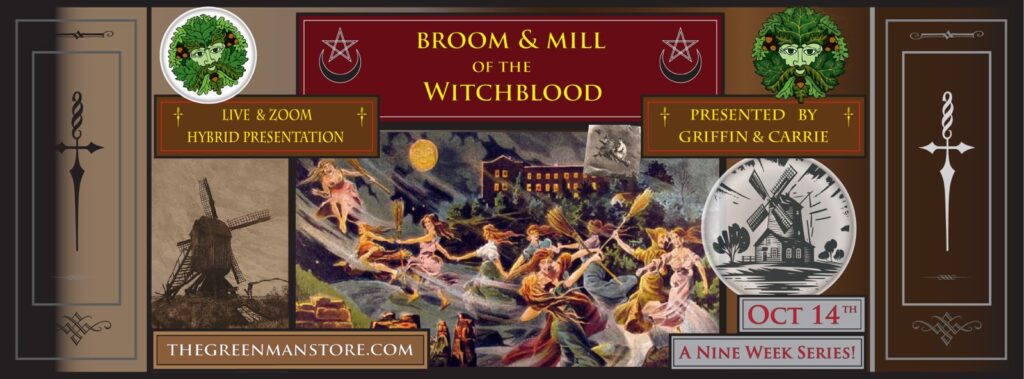 A poster with a group of women flying on brooms