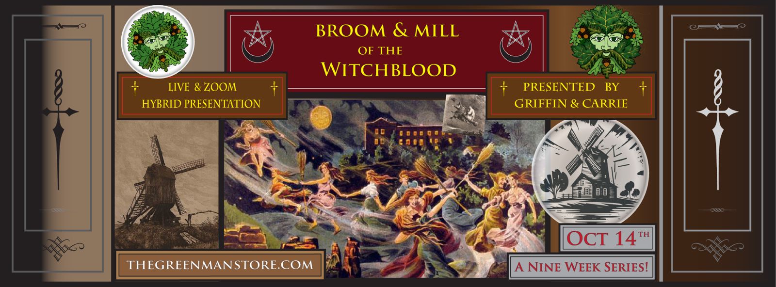 A poster with a group of women flying on brooms