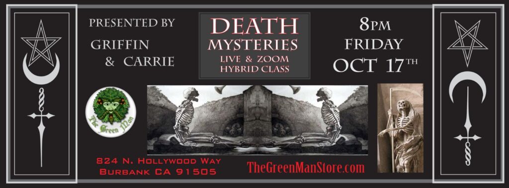 A black and white card with a couple of skeletons