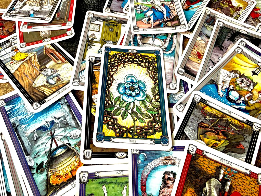 A pile of cards with different images