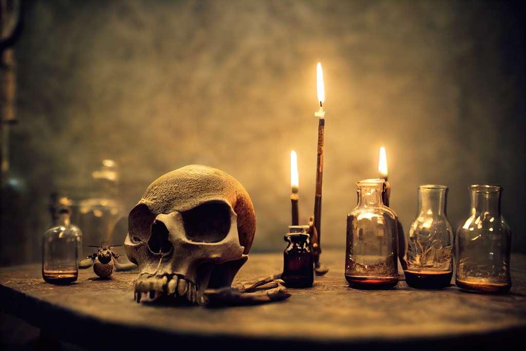 A skull and candles on a table