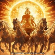 A painting of a man riding a chariot with horses