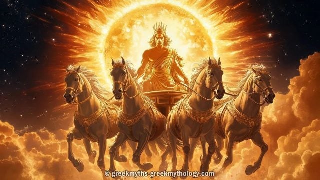 A painting of a man riding a chariot with horses