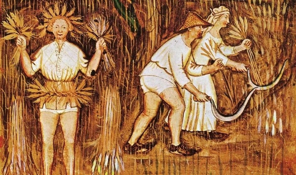 a painting of people working in a field